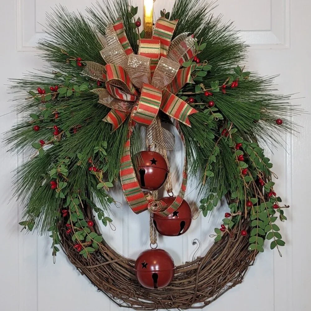 Red Bells, Berries Pine Wreath, Winter Holiday Bells Wreath, Hand Crafted